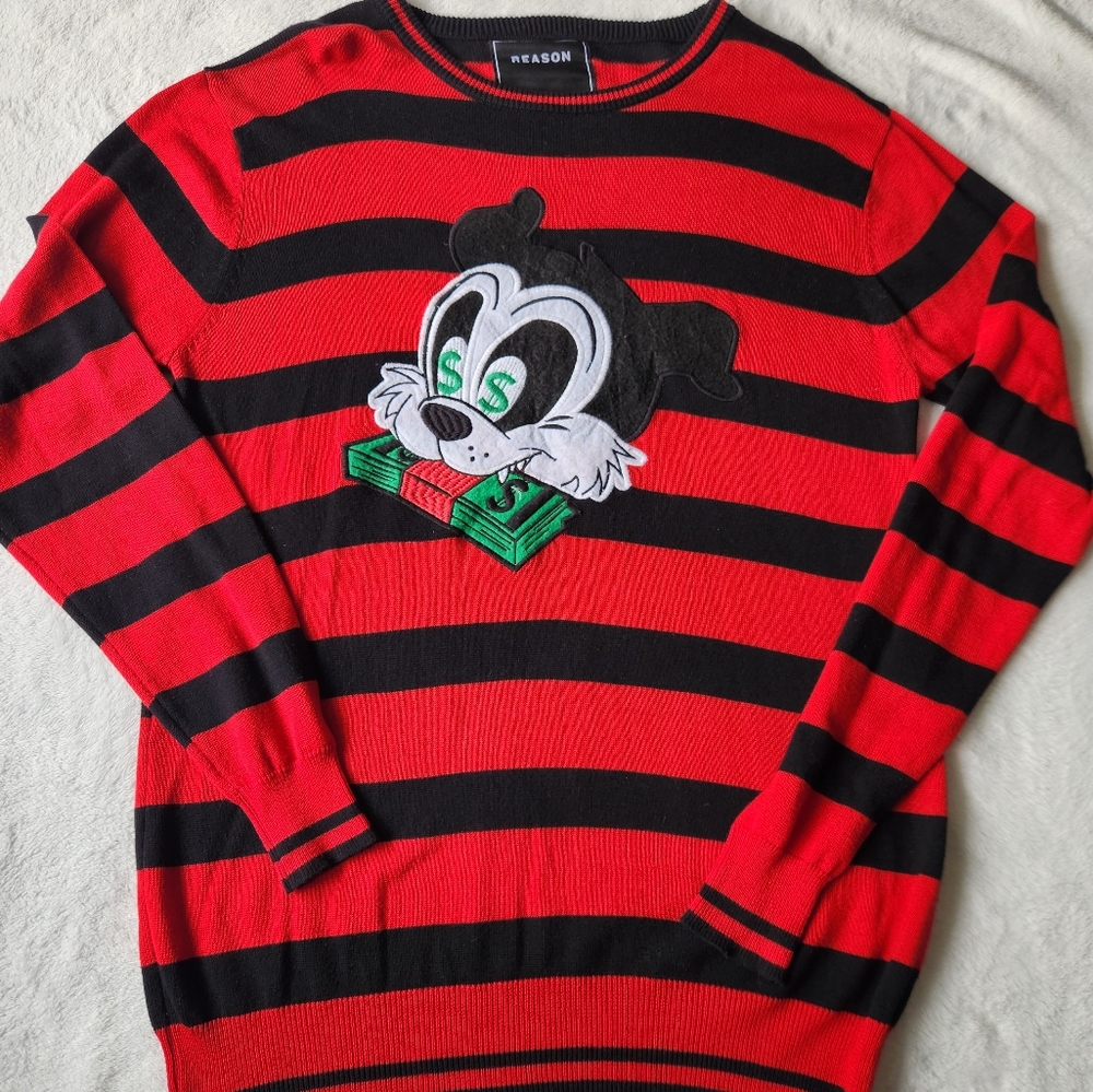The Reason Dynasty Stripe Knit Sweater in Red and‎ Black Sz L Money